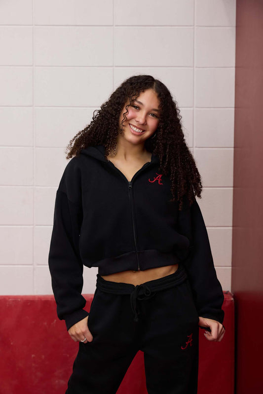 Logo Sueded Fleece Cropped Hoodie in Black